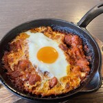 Shakshuka with spicy chorizo and soft-boiled egg ~ served with garlic baguette ~