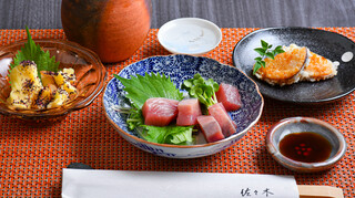 Kappou Sasaki - かつおのお刺身・いか飯の天ぷら・ポテトサラダ