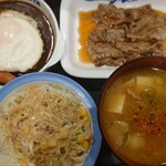 Matsuya - デミグラスハンバーグ野菜セット&エッグ&ソーセージ&カルビ焼肉&豚汁
