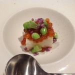 かわ村 - 秋鮭と長芋の寒天寄せ　枝豆　いくらを添えて　水菜