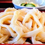 六助うどん - カツ丼定食 1155円
      太く不均一な手打！
      ご存知の方は、武蔵野うどん特有の、
      歯ごたえのある食感を想像してみてください。
      その倍は！硬い感じがします!? 
      しっかり咀嚼を、強要してきます。