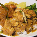 スパイスカフェ - カレー2種 1500円 のライスにエビとポークビンダル2種掛け