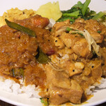 スパイスカフェ - カレー2種 1500円 のライスにエビとポークビンダル2種掛け