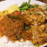 カレー2種 1500円 のライスにエビとポークビンダル2種掛け