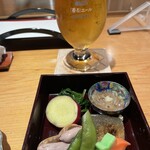 天ぷら 美やま - コース料理の前菜　子持ち鮎の煮付け、白魚の醤油漬け、落花生の茹で、等々