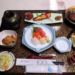 岳の湯温泉 雲渓荘 - 夕食。右上の茶色いのが鯉の旨煮 202310