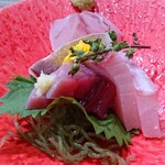 魚料理・もつ鍋  山咲き - 後ろ姿の方が綺麗に撮れました。この上にあるワサビがホントに美味しい。これで細巻き作ったら、すごい旨いヤツになると思う。友達が残したヤツを全て回収してアテにする超酒飲みは私です。