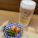 Yoake Shokudou - ビール、付き出しキムチ