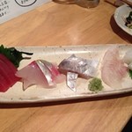 いしもん - お造り五種  まぐろ,しまあじ,太刀魚,平目,剣いか