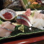 丸萬寿司 - 刺し身の盛り合わせ。サバのしめ具合が最高