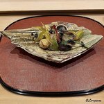 御料理 寺沢 - 焼栗､アボガド味噌漬､秋刀魚甘露煮､銀鱈西京味噌漬､茸と蟒蛇草の天ぷら､眞子鰈の縁側のキャビア和えに鮑の柔らか煮