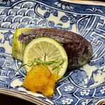 酒亭 田中 - お通し1 賀茂茄子焼き浸し　浸した出汁が素晴らしい極上品