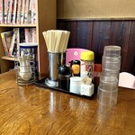 幸楽 - ベタついてた卓上、
調味料類はとても綺麗に並ぶ。