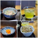 Kushiage To Koryouri No Mise Oton - ＊お水では無く「冷茶」は嬉しい。 ＊小鉢は「蒸し鶏と春雨の和え物」で、お味もいいですね。 ＊サラダはキャベツを細く千切りにしてあり食べやすいですし、ドレッシングがいいお味。