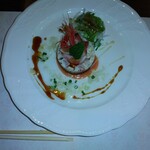 志喜亭 - カンパチとホタテのタルタル　秋茄子のセルクル仕立て　甘エビといちじくぞえ