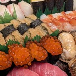よろい寿司 - 拡大。海老は甘エビでなく、赤海老かな?ぶりぶりで美味しかった。子持ち昆布もプチプチ!