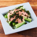 Cucumber topped with tuna and cod roe