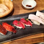 Zerobyou Remon Sawa- Nishifunabashi Nikuzushi - 肉寿司左から、漬け赤身、燻カモ、豚とろ、いずれも2貫で396円税込、トータル1,188円税込。どれも美味でした。