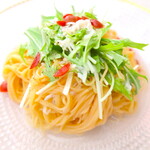 Pot-fried whitebait, mizuna, and koume in olive oil sauce