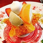 Crepes parfait with seasonal fruit & passion x white chocolate mousse and Gelato