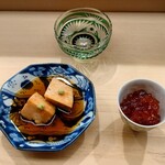 日本橋蛎殻町 すぎた - 鮟肝、筋子の味噌漬、新政の貴醸酒「陽乃鳥」