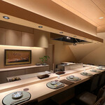 渋谷 天婦羅 ふじもと - 落ち着いた店内、カウンター席で。