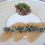 フランス産カナールのスモークとラタトイユ　三瀬鳥の昆布締めとザーサイのタルタル