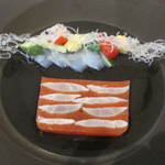 日和庵 -  仙崎産太刀魚のマリネと完熟トマトのゼリー寄せ 