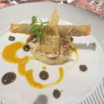 日和庵 - イトヨリ鯛とポアローとジャガイモのロティ、トリュフ風味のマッシュポテトと黒オリーブのクーリー