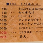 おっこん雅 - 辛さのメニュー  (ブラックマヨネーズ小杉の感想ではない)