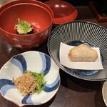 酒亭 田中 - お通し(ちりめんじゃこ・海老芋・茄子)