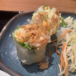 アジアンダイニング チキンワン - もう少し食べたいなーと思わせる、生春巻き。巻かれた野菜が隣のサラダとめちゃカブってるけど、気にしなぁーい(￣∀￣*)