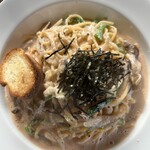 オアシスなんもく - タラコパスタ　スープたっぷり　のり　バゲット焼いてカリカリ　スープに付けて美味い