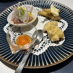 洋食屋 ふじ家 - 戻り鰹タタキとワカサギ天ぷら、鱧フライといくら