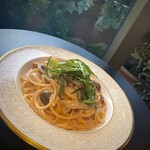 Mentaiko, squid, shimeji mushrooms, and shiso leaves in cream sauce