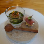 Affetto akita - 蕪のクレマ、八郎潟の白魚のイタリアンサラダ、塩タルトにプロシュートと無花果のピューレ