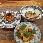 fu-fu shisen - 点心2種（左上から）大根餅、海老ワンタン、マグロとセロリの水餃子（これは奥さんの）