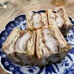 食堂 おがわ - “鱧カツサンド”。美味さ、日々バージョンアップしていると思われます。“鱧カツ”とは相当贅沢ですが食感、ソース味わい、パンの薄さ“（わざと薄くしています）。相まって相当美味いと思います！