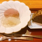 一献 うえ原 - デザート　イチジクの赤ワイン煮のジェラードと梨に白ワインのジェル　栗蒸し羊羹