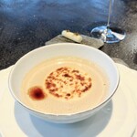 Florilege - 清水牧場バッカスチーズのニョッキ豆乳フランごぼうのポタージュスープ。根セロリサラダおからのシートで巻いて山椒花ピクルス添え。途中でお口直しできてあらためて美味しいをやり直せちゃいました☆