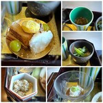 Kuikiri Shiranita - ＊穴子、鯵の天ぷら、栗の下には鰆の味噌焼き、栗、銀杏など。 ＊もずくは酢が強くなく円やかな味わい。 ＊湯葉の胡麻ダレかけ。この胡麻ダレ美味しい。 ＊春菊の煮浸し。 ＊卯の花