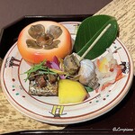 お料理 七草 - 秋刀魚の有馬煮､湯葉重ね豆富､名残の玉蜀黍の焼とうもろこしと黒豆に螺貝の旨煮に薩摩芋の檸檬煮に紅白膾