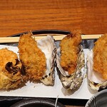 串亭 - 串亭 日本橋三越前 ランチ 広島県産牡蠣フライ御膳の3個の牡蠣フライと薩摩芋・シメジのフライ