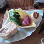 遊の丘 - 十割手打ちそば＋ドリンク＋デザート付￥1100のだし巻き卵、大根味噌田楽、漬物（H25.11.1撮影）