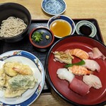 升庵 - 上寿司定食（1890円）（そば、天ぷら、上にぎり寿司）