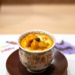 うを徳 - 2023.10 アンキモ茶碗蒸し（苫前産アンキモ、浜中産バフンウニ、噴火湾産メスのズワイ蟹、とんぶり、銀杏）