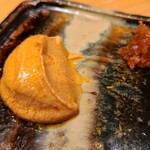 鮨 さかい - ⑨鮟肝(北海道余市産)、刻み奈良漬け 
      産卵は春～初夏、旬は秋～春
      海底に潜み遊泳しない為、肝は通年美味しい
      裏漉しの鮟肝は滑らかクリーミーでコクがあり、どうにも止まらない美味しさ♪