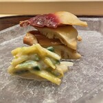 山﨑 - 北寄貝のスモーク大根と胡瓜と黄韮の酢味噌和え