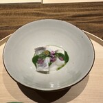 温石 - ❼焼津産エボダイ、練りたての胡麻豆腐、春菊のすり流し。