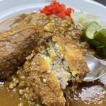 ダール - なすミンチカレーは、なすのはさみ揚げに衣をつけて揚げたものがトッピング！熱々で美味しい(๑'ڡ'๑)୨